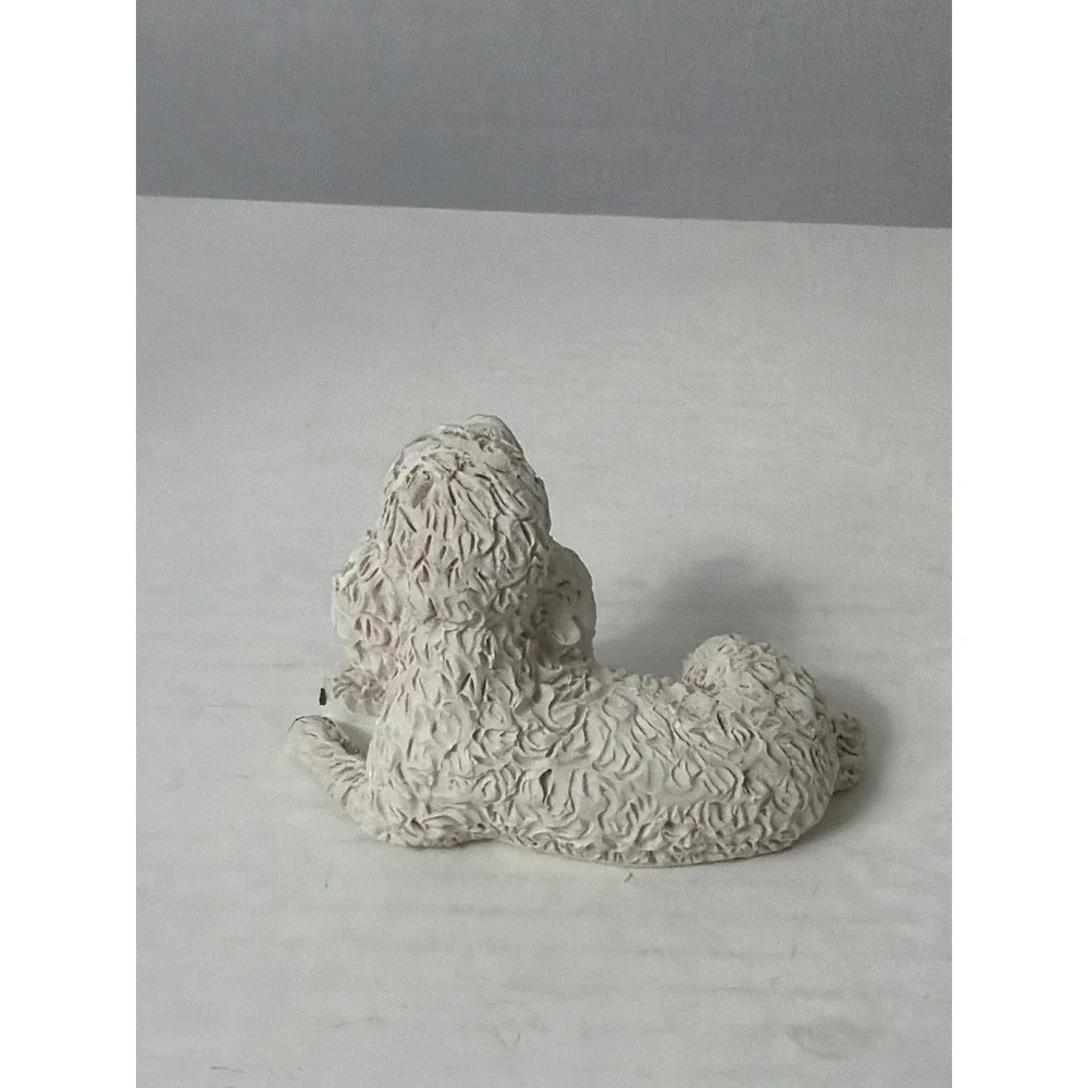 Vintage White Poodle Dog Figurine Textured Resin Lying Down Statue
